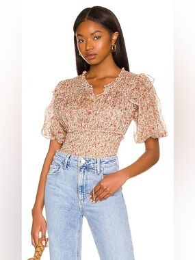 Free People Beatrice Smocked Floral Puff-Sleeve Top